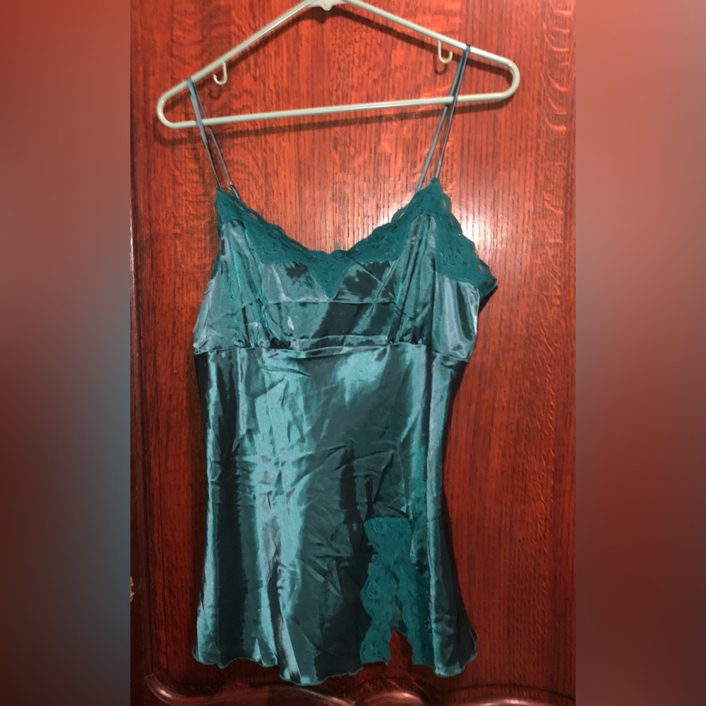 Large Forrest Green Jewel Tone Satin Lace Camisole Tank Top Self Esteem New Vtg